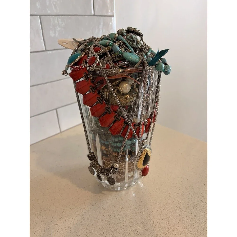 LARGE VTG Native Boho Mystery Jewelry Jar Turquoise Silver Gold Tone Bead